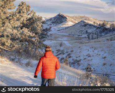 morning winter walk at Colorado foothills of Rocky Mountains along Horsetooth Reservoir