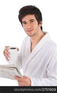 Morning - Young man in bathrobe with cup of coffee on white background