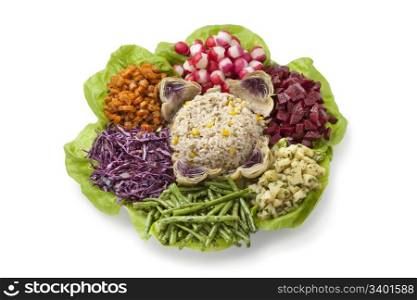 Moroccan dinner salad on white background