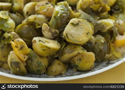 Moroccan dish with Brussels sprouts and preserved lemon close up