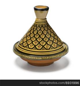 Moroccan handmade decorated tagine on white background