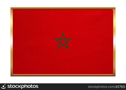 Moroccan national official flag. African patriotic symbol, banner, element, background. Correct colors. Flag of Morocco , golden frame, fabric texture, illustration. Accurate size, color