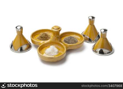 Moroccan pepper,salt and cumin bowl on white background