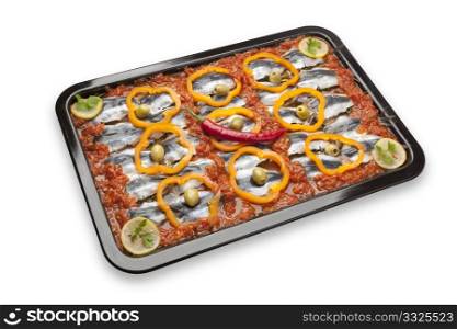 Moroccan sardine dish receipe with olives, bell peppers and chili pepper on white background