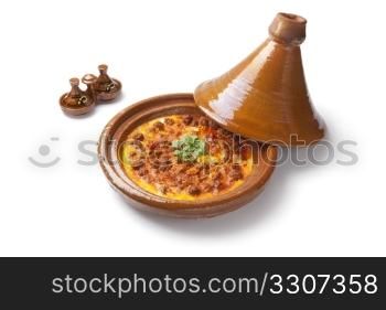 Moroccan tajine with egg and minced meat on white background