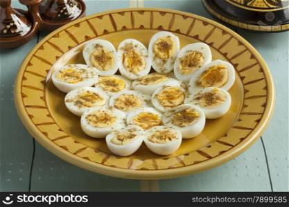 Moroccan traditional boiled eggs with salt and cumin for iftar in ramadan time