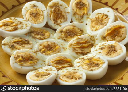 Moroccan traditional boiled eggs with salt and cumin for iftar in ramadan time close up
