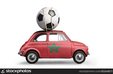 Morocco football car. Morocco flag on car delivering soccer or football ball isolated on white background