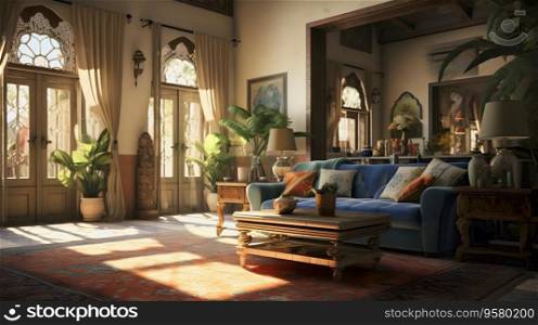 Morocco living room. The interior design of cozy Arabian Moroccan lifestyle, colorful Islamic mosaic, carpet and wood pattern. illustration by Generative AI.