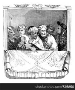 Morocco's ambassador and his officers in a box at the theater at the palace of Versailles, vintage engraved illustration. Magasin Pittoresque 1844.