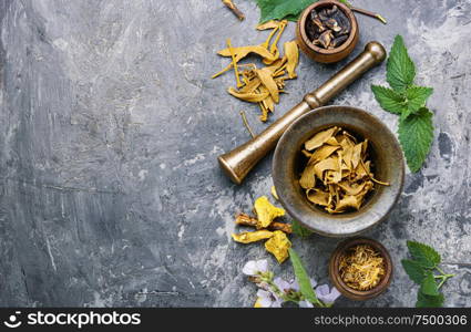 Mortar and bowl of raw and dried healing herbs.Assorted natural medical herbs. Healing medical herbs