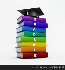 Mortar board on stack of rainbow graduate book isolated on white with clipping path