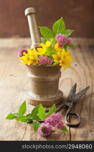mortar with flowers and herbs