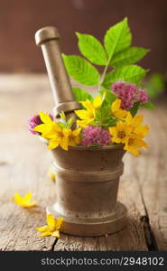 mortar with flowers and herbs for spa and aromatherapy