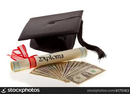 mortarboard and dollars. symbol for education costs in america.