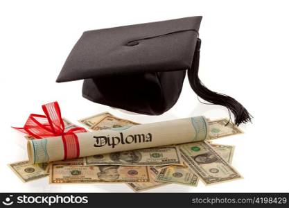 mortarboard and dollars. symbol for education costs in america.