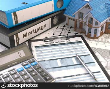 Mortgage application form, house, calculator and binders, 3d illustration