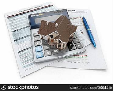 Mortgage application form with a calculator and house. 3d