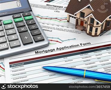 Mortgage application form with a calculator and house. 3d