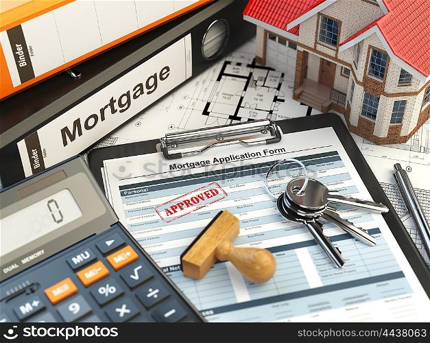 Mortgage application form with stamp approved, house, calculator and binders. 3d illustration