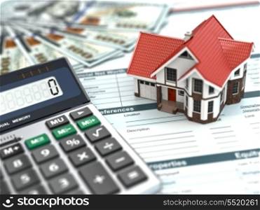 Mortgage calculator. House, noney and document. 3d