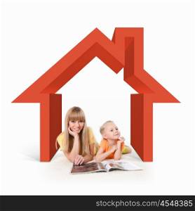 Mortgage concept. Happy young family with children in house