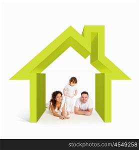Mortgage concept. Happy young family with children in house