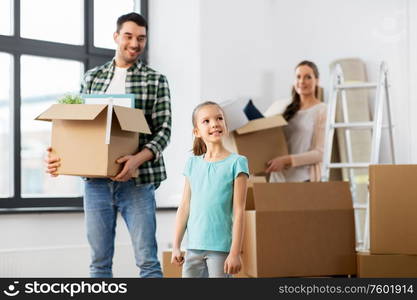 mortgage, family and real estate concept - happy mother, father and little daughter with stuff in boxes moving to new home. happy family with child moving to new home