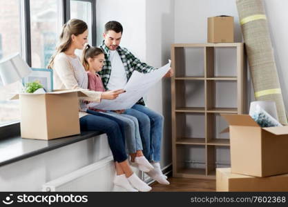 mortgage, family and real estate concept - happy mother, father and little daughter with blueprint and stuff in boxes moving to new home. happy family with blueprint moving to new home
