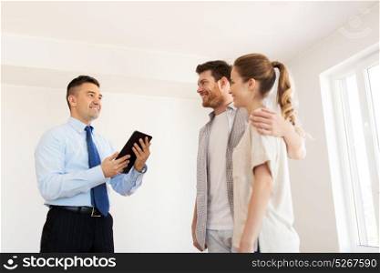 mortgage, people and real estate concept - happy couple and realtor with tablet pc computer at new home. couple and realtor with tablet pc at new home
