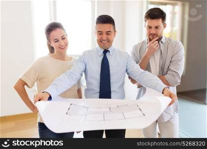 mortgage, people and real estate concept - realtor showing blueprint of new home to happy couple. realtor showing blueprint of new home to couple