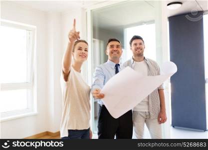 mortgage, people and real estate concept - realtor showing blueprint of new home to happy couple. realtor showing blueprint of new home to couple