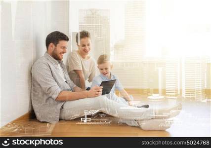 mortgage, people, housing and real estate concept - happy family with tablet pc computer moving to new home over city buildings background and double exposure effect. happy family with tablet pc moving to new home