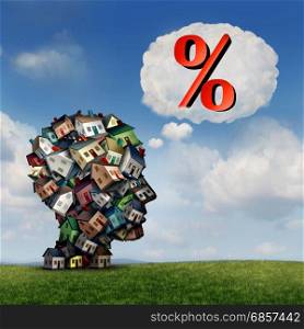Mortgage rate plan and planning for home lending interest percentage rates as a group of houses shaped as a human head with a percent icon inside a thought bubble as a real estate finance metaphor with 3D illustration elements.