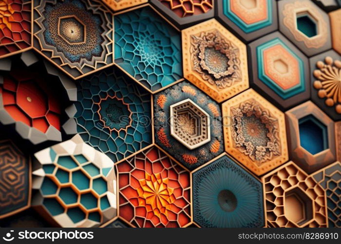 Mosaic art abstract background in hexagonal shape. distinct generative AI image.. Mosaic art abstract background in hexagonal shape