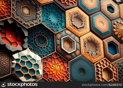 Mosaic art abstract background in hexagonal shape. distinct generative AI image.. Mosaic art abstract background in hexagonal shape