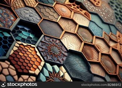 Mosaic art abstract background in hexagonal shape. distinct generative AI image.. Mosaic art abstract background in hexagonal shape