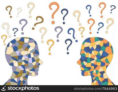 Mosaic human brain and colorful question marks, challenges