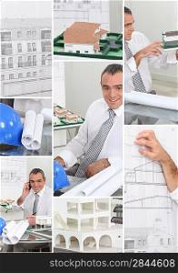 Mosaic of architect hard at work in his office