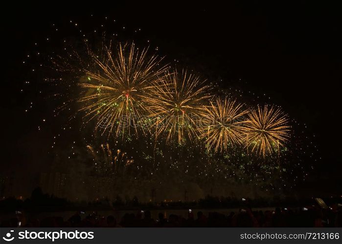 Moscow August 18, 2019 annual festival of fireworks in the cascade park Brateyevo on a boat on this day are Russia, France, Spain, Argentina. fireworks festival