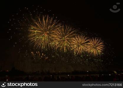 Moscow August 18, 2019 annual festival of fireworks in the cascade park Brateyevo on a boat on this day are Russia, France, Spain, Argentina. fireworks festival
