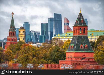 Moscow city on the background of the Kremlin. Russia