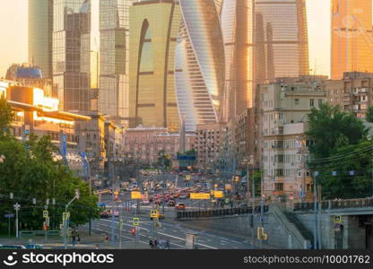 Moscow City skyline business district in Russia at sunset