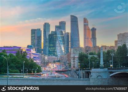 Moscow City skyline business district in Russia at sunset