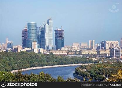 Moscow city urban view. construction of high building scraper skyscraper. building of business centre. Buildings from glass and concrete. Moscow river on near plan