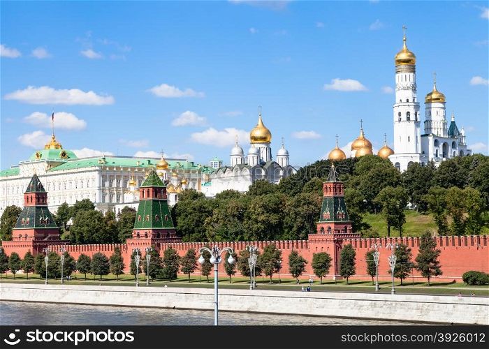 Moscow cityscape - Ivan the Great Bell Tower with Assumption Belfry, The Cathedral of the Archangel, State Palace in Moscow Kremlin, Russia in summer day