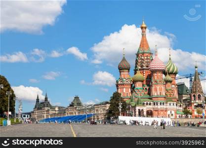 Moscow cityscape - Saint Basil Cathedral and Vasilevsky Descent of Red Square of Moscow Kremlin in sunny summer day
