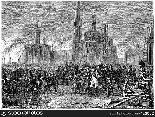 Moscow fire, vintage engraved illustration. History of France ? 1885.