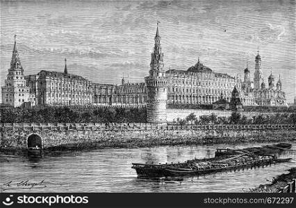 Moscow, General view of the Kremlin, vintage engraved illustration. Le Tour du Monde, Travel Journal, (1872).