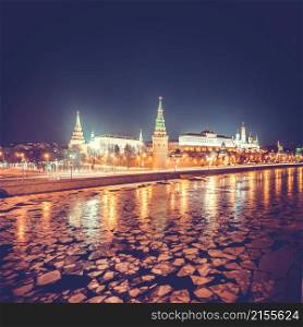 Moscow Kremlin in fires by cold winter night. Russia. Moscow Kremlin. Russia